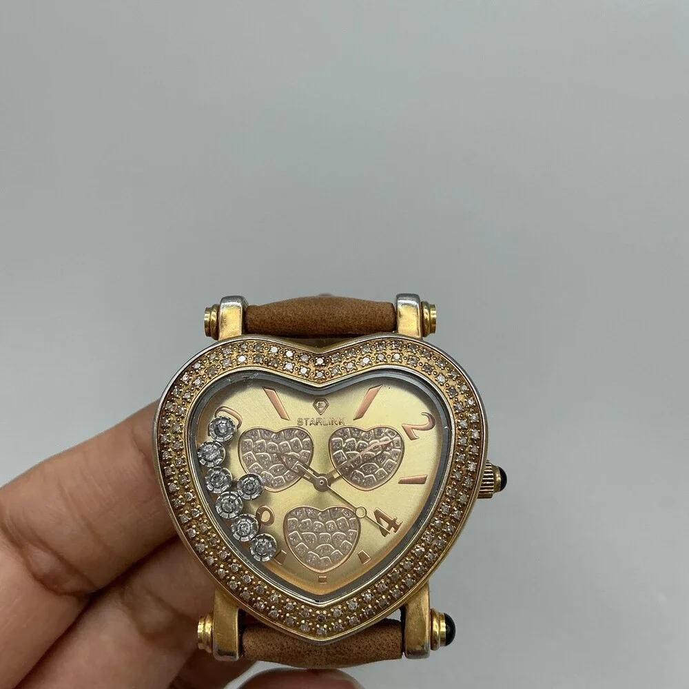 Starlink Womens Watch 38mm Gold Tone Heart Diamond Bezel Leather New Battery
